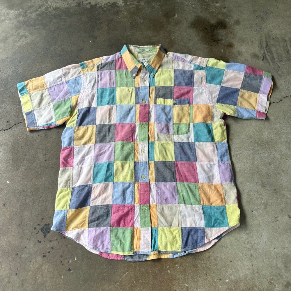Orvis Patchwork Shirt Mens Large Multi Color Excellent Madras Cotton Button Down